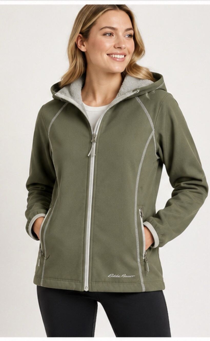 Eddie Bauer Women’s Hooded Jacket Small Green Full Zip Fleece Lined